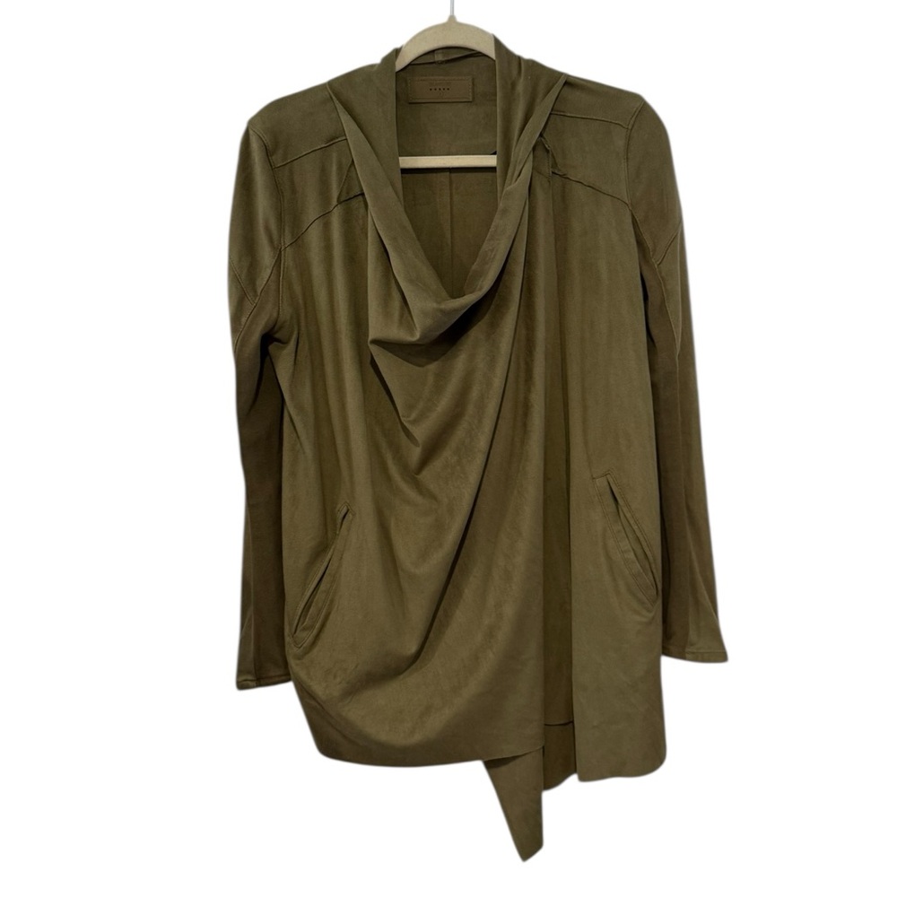 BLANK NYC Small Olive Green Faux Suede Drape Front Jacket Cardigan Cowl Neck
